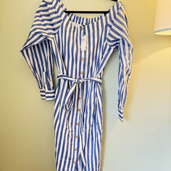 NWT Banana Republic Off The Shoulder Midi Shirt Dress Blue Stripe - Picture 4 of 7